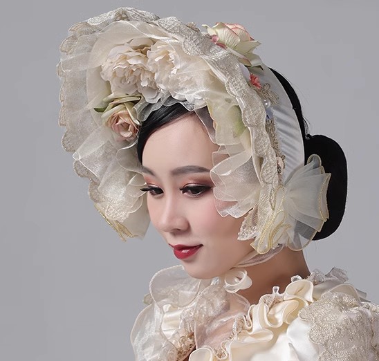貴族フレンチレトロボネット 帽 Lolita 手作り レースフラワーシルクハットベルサイユ  シャンパン 頭飾り