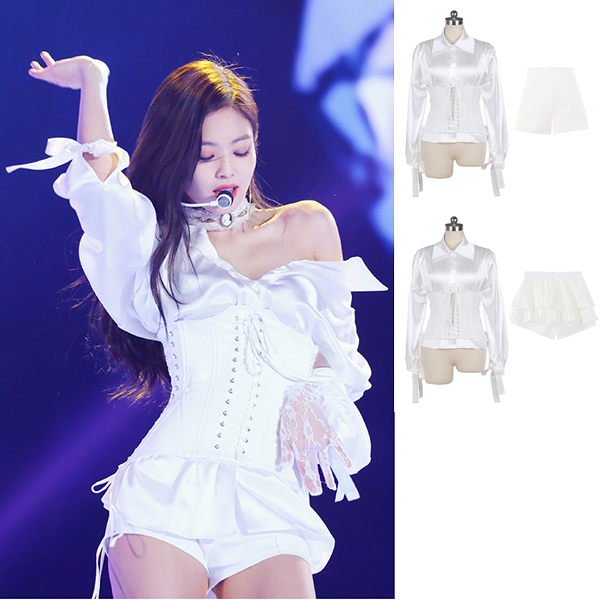 BLACKPINK JENNIE ジェニー 上着 白 シャツ コルセット スカート K-POP衣装 ライブ コンサート 服装 練習 衣装