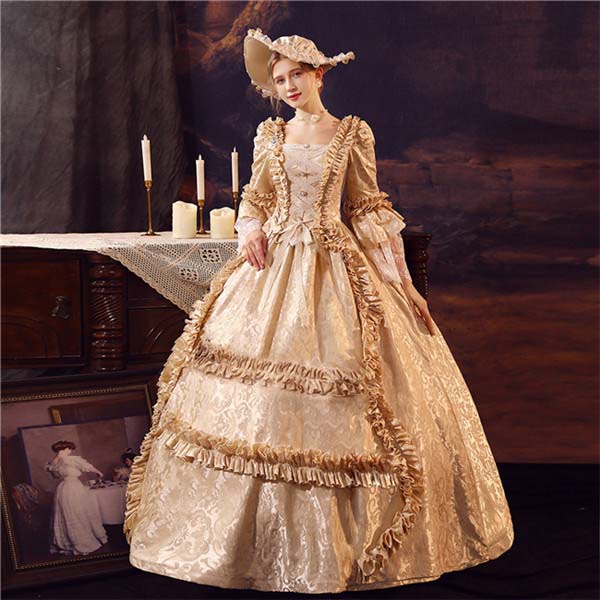 レディース ロングドレス ロココ 貴族ドレス 18世紀 中世ヨーロッパ ジャガード織  プリンセスドレス ステージ衣装 オペラ シャンパン
