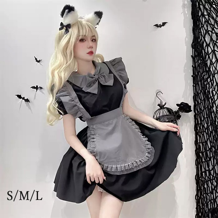 ロリータ メイド服 ワンピース Lolita 袖あり 通販 文化祭 学園祭 コスプレ衣装 ゴスロリ ゴシック コスチューム アニメ オールシーズン ハロウィンコスチューム コスプレ おすすめ 可愛い グレー ハロウィン クリスマス S M L