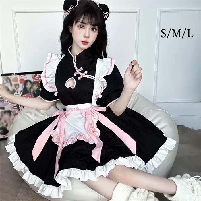 ロリータ メイド服 ワンピース Lolita 中華風 袖あり 通販 文化祭 学園祭 コスプレ衣装 ゴスロリ ゴシック コスチューム アニメ オールシーズン ハロウィンコスチューム コスプレ おすすめ 可愛い ピンク ブラック ハロウィン クリスマス S M L