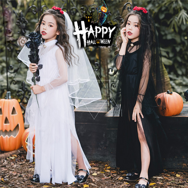 ハロウィン仮装 魔女 女の子 鬼花嫁 黒 白 キッズワンピース  鬼花嫁 ウィッチ ハロウィン