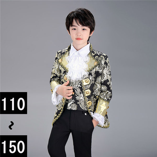 演出服 王子様 演奏会 男の子 キッズ用スーツ 5点セット 子供服 おしゃれな子ども用 ヨーロッパ 中世 キッズ 貴族服装 舞台 ステージ衣装 演劇オペラ声楽 コスプレ衣装 クリスマス仮装 ハロウィン衣装 学園祭 公爵 宮廷服