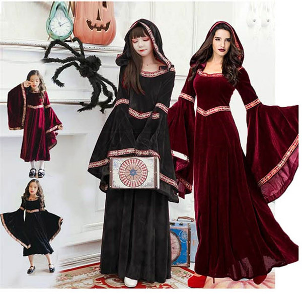 ワンピース フード付き 大人 子供 ゴシック様式 ビクトリア 風 ハロウィン衣装 ワインレッド/ブラック