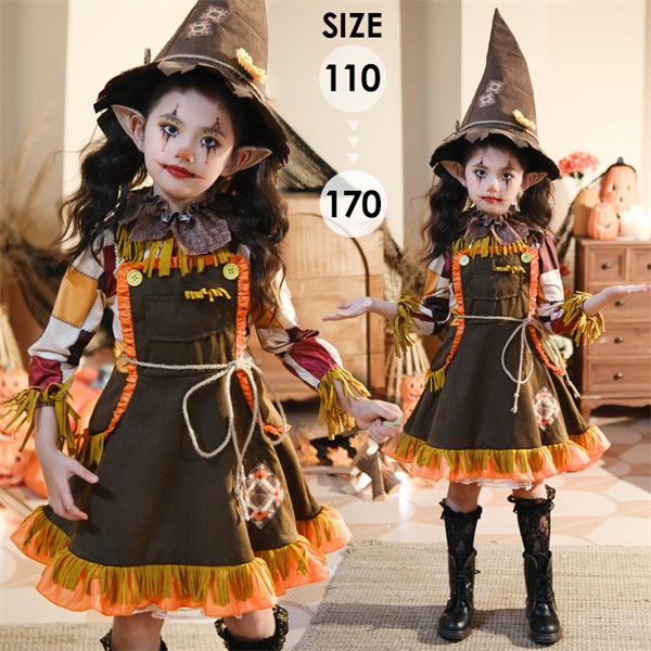 ハロウィン 女の子 稲妻風 コスプレ キッズ 衣装 かかし風 ドレス かぼちゃ風 仮装 子供用 ワンピース 農場風 コスチューム 秋 イベント 発表会 かわいい ステージ衣装 ハット付き