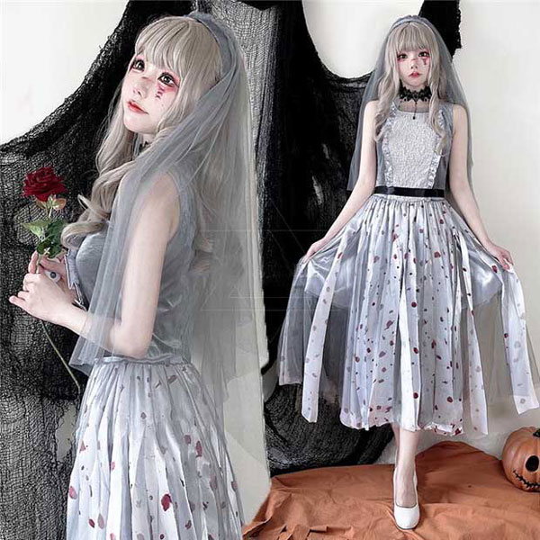 ハロウィン衣装 ゾンビ グレー レディース チュール ワンピース ヘアアクセサリー