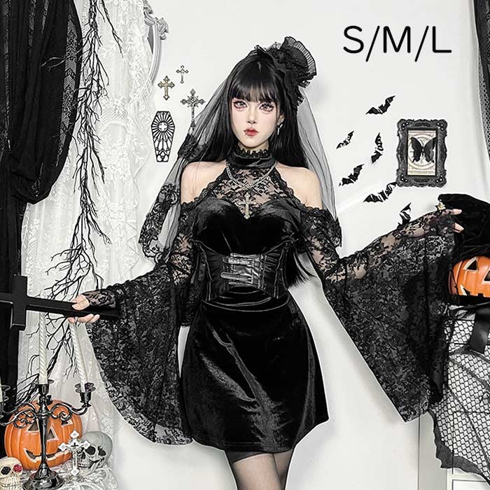 ハロウィン ワンピース ゴシックレースウィッチコスプレワンピース レディース 中世風 ブラック ヴィンテージ ショート丈 セクシー ガールズドレス コスプレ衣装  仮装パーティー コスチューム 文化祭 学園祭  S M L