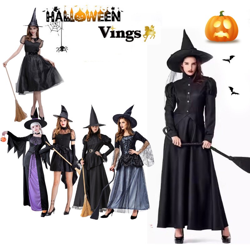 ハロウィン 魔女 コスプレ 衣装 レディース 魔法使い ドレスwitch cos ワンピース 帽子付き ブラック M L XL 大人用 コスチューム 仮装 パーティー イベント 演劇 文化祭
