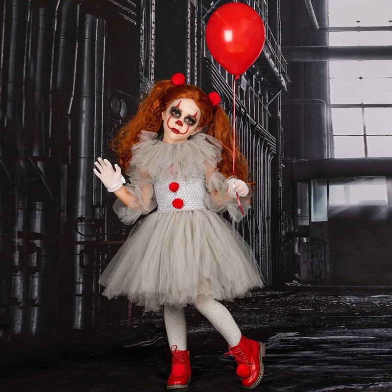 子供 ハロウィン 衣装 ピエロ 3点セット 手袋 ワンピース 髪飾り コスプレ 仮装 ホラー コスチューム キッズ 女の子  パーティー 学園祭 文化祭 余興 ダンス 発表会 イベント