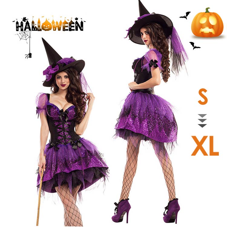 ハロウィンレディース ドレス ワンピース 帽子 パープル 魔女 きらきら　ウィッチ セクシー かわいい コスプレ衣装 ガール ハロウィン ワンピース 魔法 2点セット 女性用 巫女 チュール 公演服 Aライン ウィッチ セクシー 帽子 魔法使い 仮装 魔女コスチューム 魔法師 大人用 ハロウィン衣装 Halloween Witch