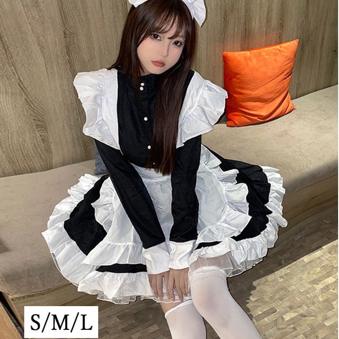 ロリータ メイド服 ワンピース Lolita 袖あり 通販 文化祭 学園祭 コスプレ衣装 ゴスロリ ゴシック コスチューム アニメ オールシーズン ハロウィンコスチューム コスプレ おすすめ 可愛い ハロウィン クリスマス S M L