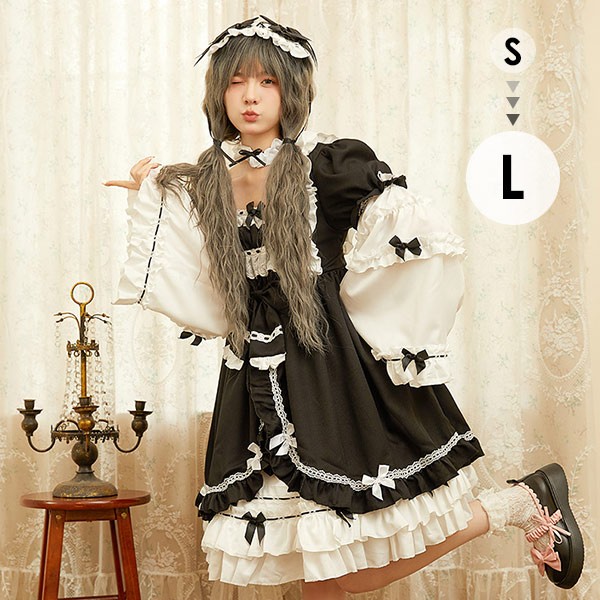 メイド服 ロリータワンピース 長袖 ブラック ヘッドドレス 付け襟 付け袖 白黒 クラロリ 秋冬 膝丈 リボン レディース lolita ロリータ トップス 小柄 可愛い 着瘦せ 女の子 袖あり ゴスロリ