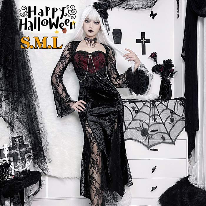ハロウィン衣装 レディース  恐怖 吸血鬼 ワンピース 幽霊 ゴシック S M L  ベルベットドレス かわいい 仮装舞踏会 コスチューム 衣装女性