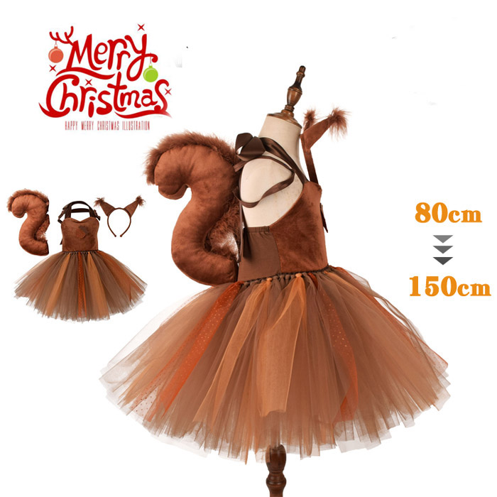 リスのふわふわワンピースセット チュチュ カチューシャとお尻付き  クリスマス ハロウィン 衣装 子供 女の子  コスプレ