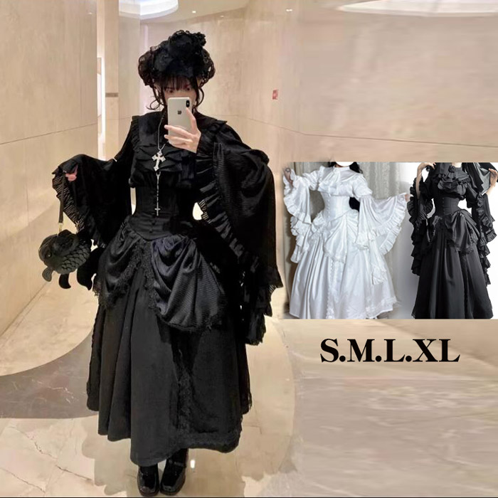 仮装舞踏会 ロリータ ハイウエストスカート lolita 上着 ダーク系ゴシック風 ロング ジャンスカ lolita cla  仮装舞踏会 ハロウィン 黒  白