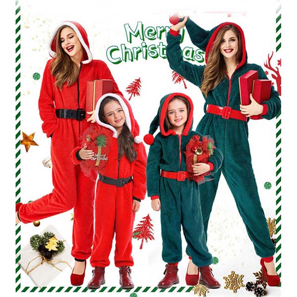 クリスマス 緑 オールインワン パジャマ フード付き 大人 子ども レッド サンタ コスプレ