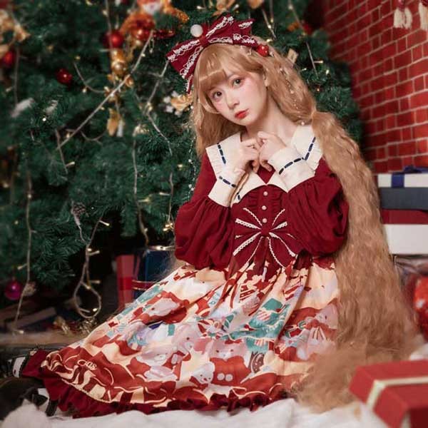 クリスマス ロリータ ワンピース フリル レデイース かわいい 長袖 コスチューム クリスマスモチーフ衣装 スクエア