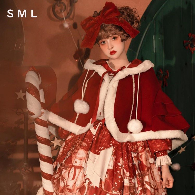 クリスマス風 レディース ワンピース ロリータ 長袖 おしゃれ かわいい カジュアル マント追加可 レッド  S M L