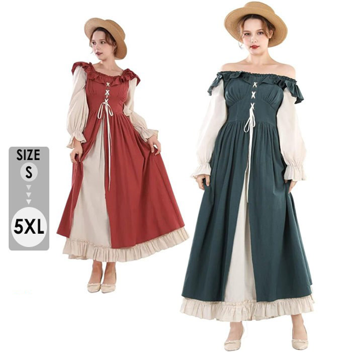 お姫様ドレス コスプレ 貴族風 ロングワンピース オフショルダー リボン付き レディース S〜5XL 撮影会 舞台衣装 発表会 学園祭 文化祭 クリスマスイベント 衣装 フリルドレス