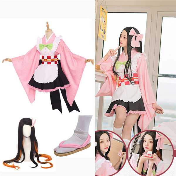 鬼滅の刃 きめつのやいば 竈門 禰豆子 かまどねずこ メイド服  ウィッグ 髪飾り 下駄追加可